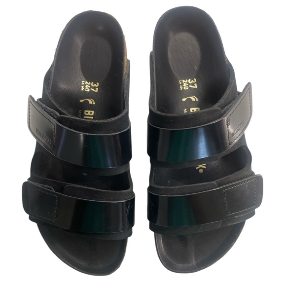 Birkenstock Shoes - Birkenstock Uji shine nubuck shine leather Double Strap Slide Sandals, Size 7